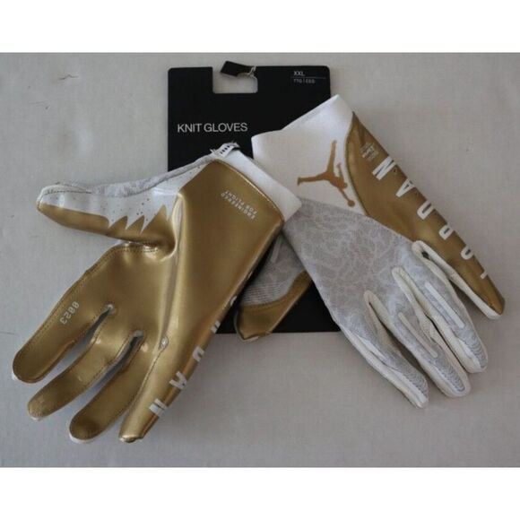 Nike Jordan Adult Sz 2XL Gold/White Vapor Knit 4.0 Metallic Football Gloves $65 - Picture 1 of 4